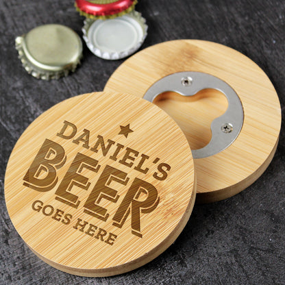 Personalised Beer Goes Here Bamboo Bottle Opener Coaster - MK&JD Gifts