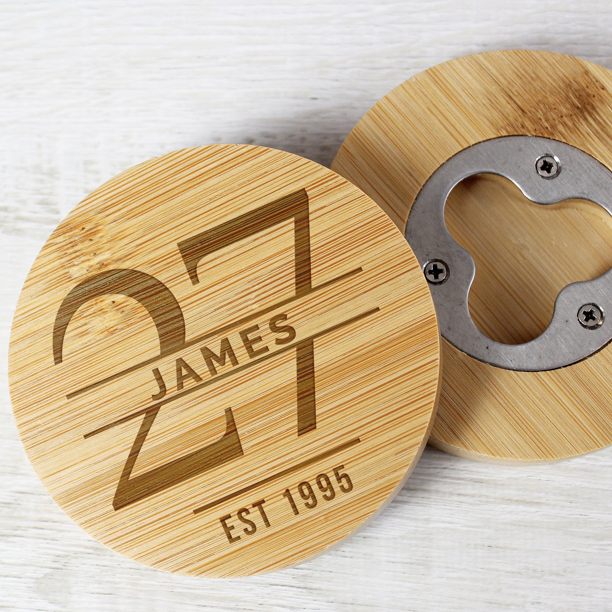 Personalised Big Age Bamboo Bottle Opener Coaster - MK&JD Gifts