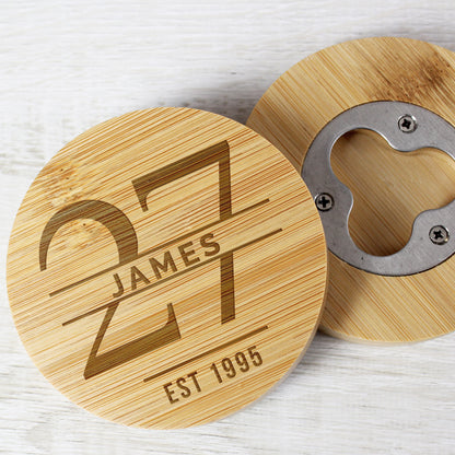 Personalised Big Age Bamboo Bottle Opener Coaster - MK&JD Gifts