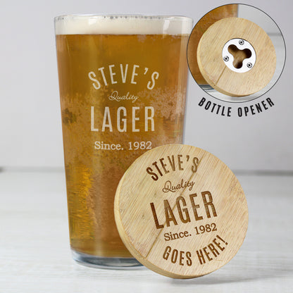 Personalised Free Text Bamboo Bottle Opener Coaster and Pint Glass - MK&JD Gifts