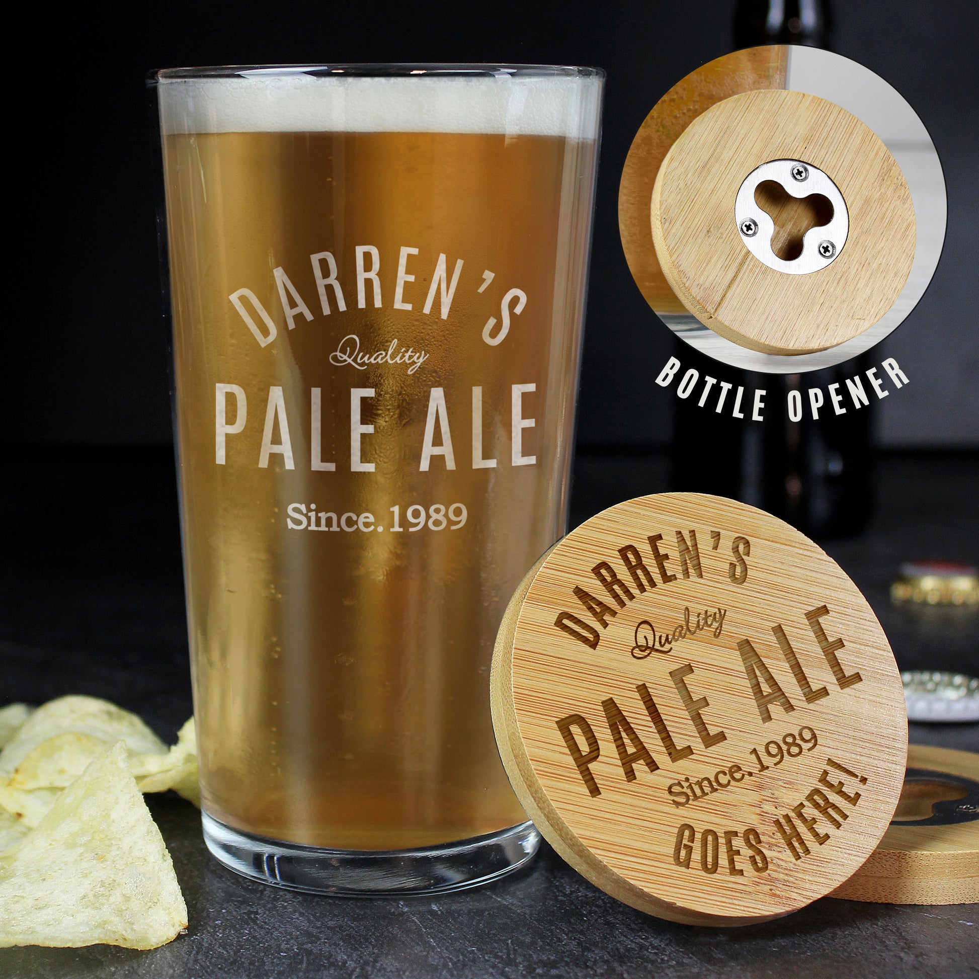 Personalised Free Text Bamboo Bottle Opener Coaster and Pint Glass - MK&JD Gifts