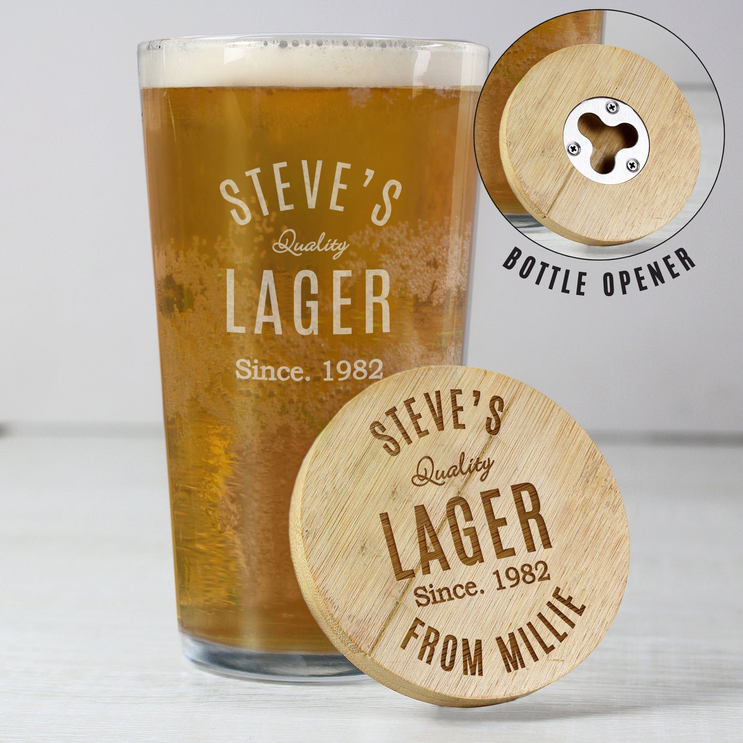 Personalised Free Text Bamboo Bottle Opener Coaster and Pint Glass - MK&JD Gifts