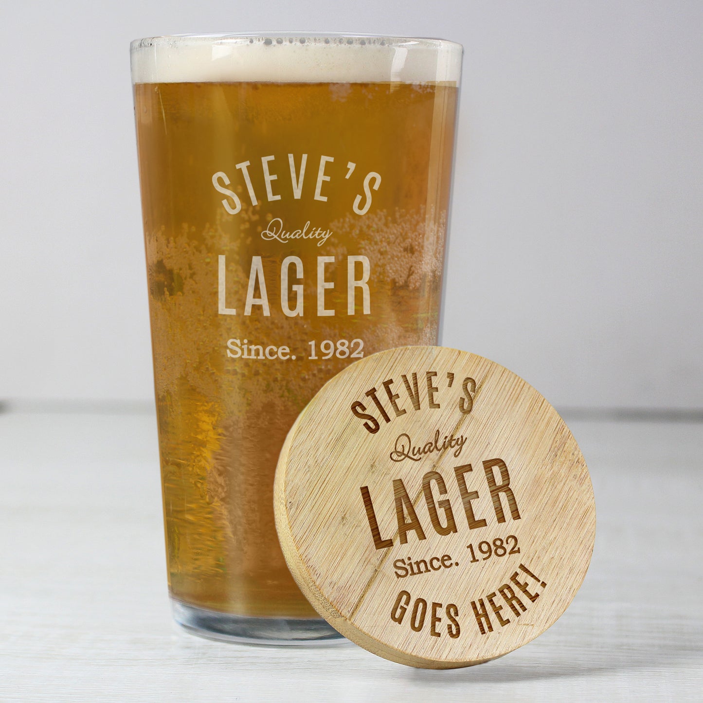 Personalised Free Text Bamboo Bottle Opener Coaster and Pint Glass - MK&JD Gifts
