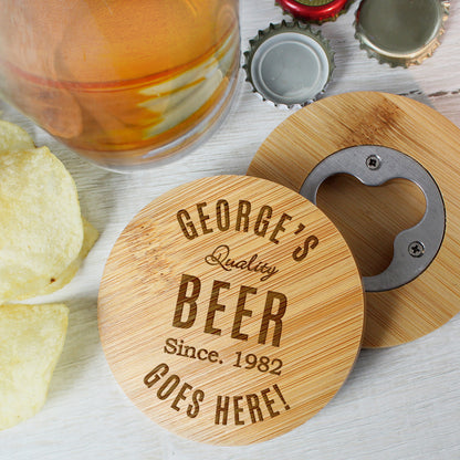 Personalised Free Text Bamboo Bottle Opener Coaster and Pint Glass - MK&JD Gifts