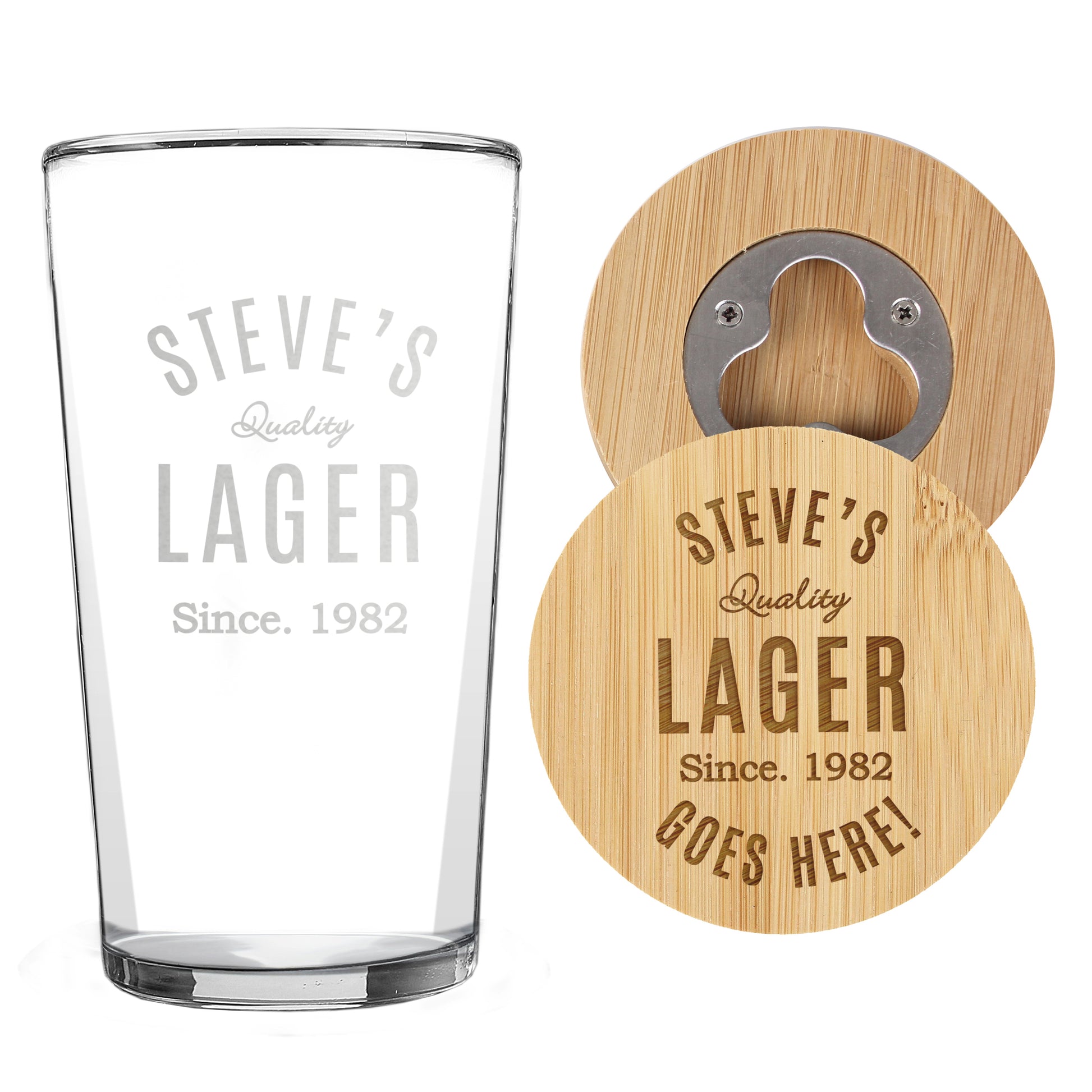 Personalised Free Text Bamboo Bottle Opener Coaster and Pint Glass - MK&JD Gifts
