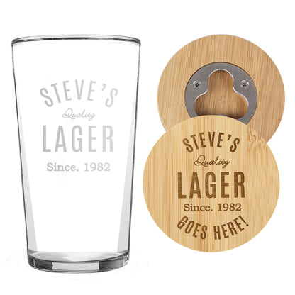 Personalised Free Text Bamboo Bottle Opener Coaster and Pint Glass - MK&JD Gifts
