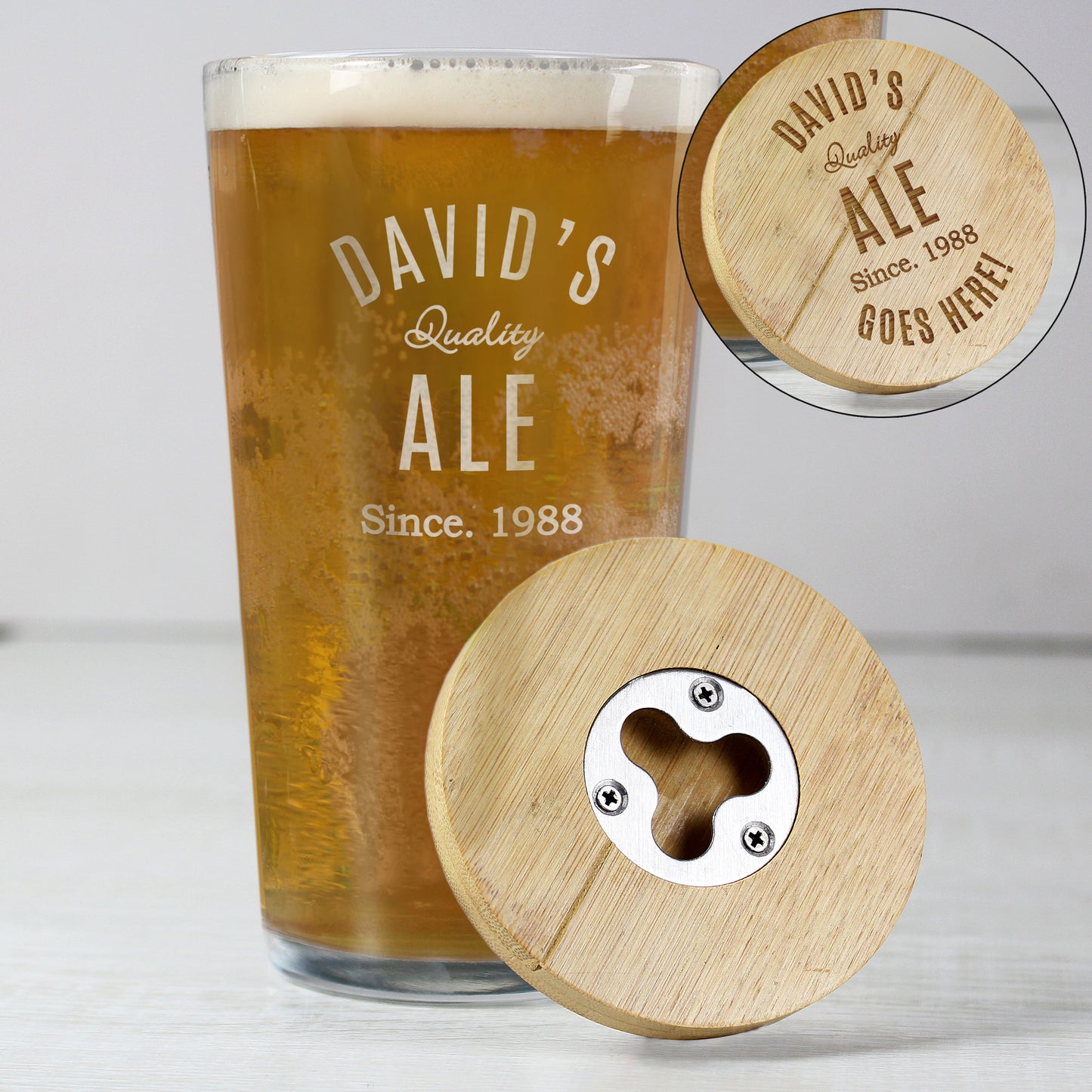 Personalised Free Text Bamboo Bottle Opener Coaster and Pint Glass - MK&JD Gifts