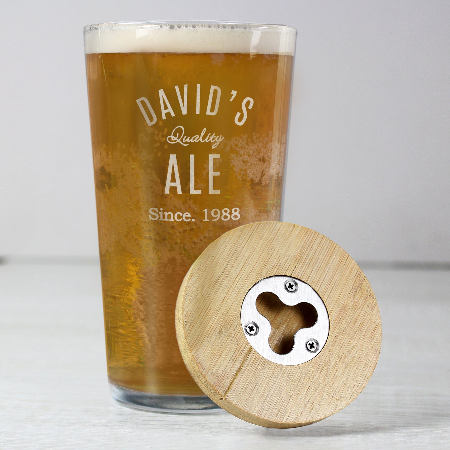 Personalised Free Text Bamboo Bottle Opener Coaster and Pint Glass - MK&JD Gifts