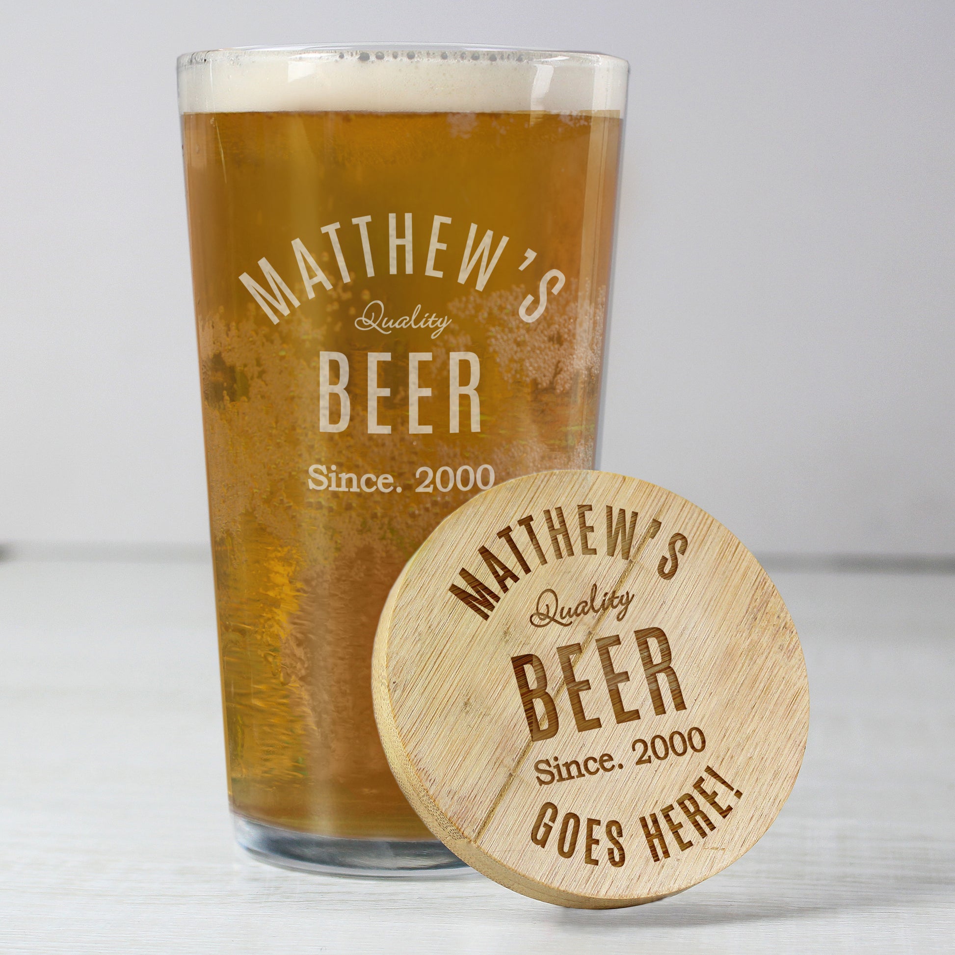 Personalised Free Text Bamboo Bottle Opener Coaster and Pint Glass - MK&JD Gifts