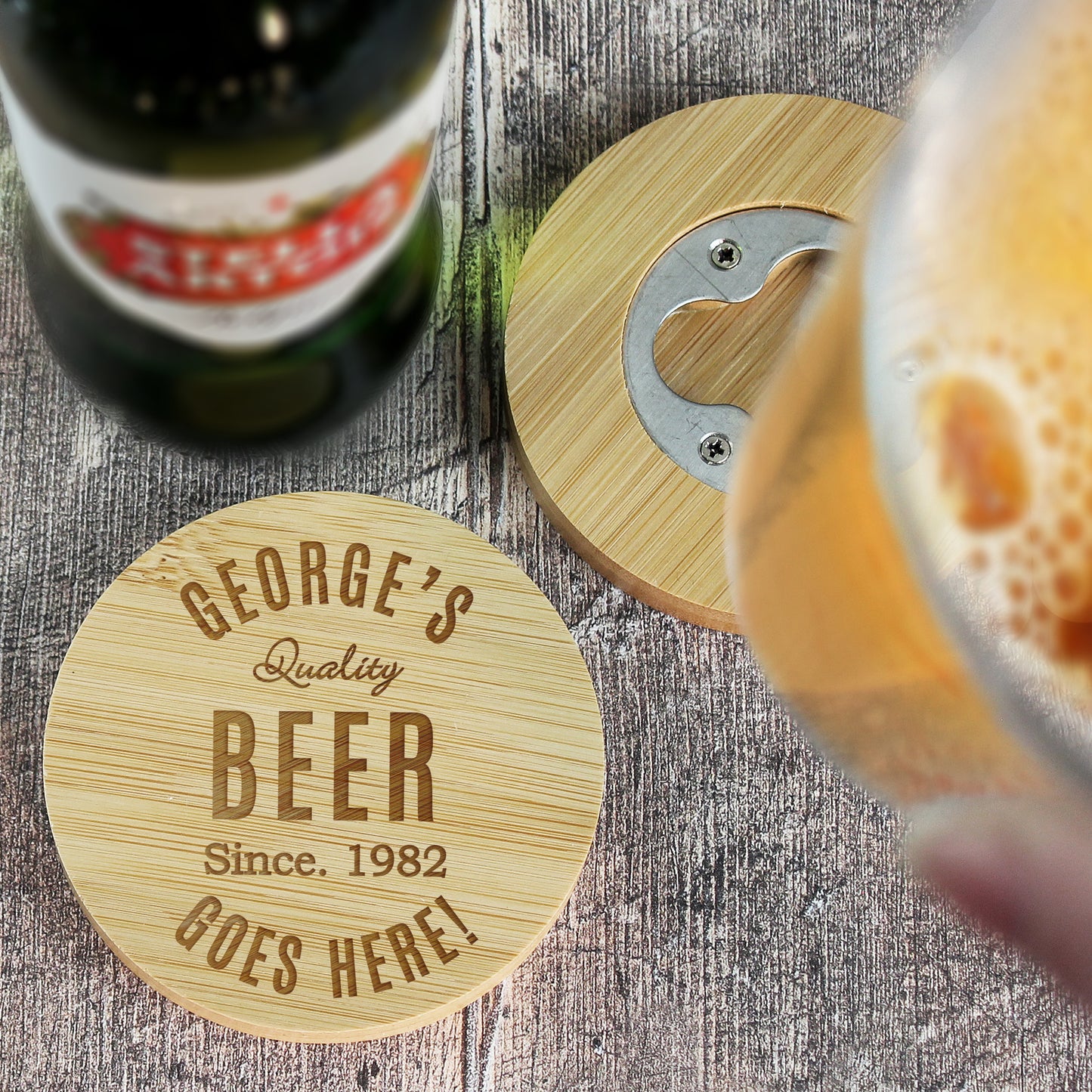 Personalised Free Text Bamboo Bottle Opener Coaster and Pint Glass - MK&JD Gifts