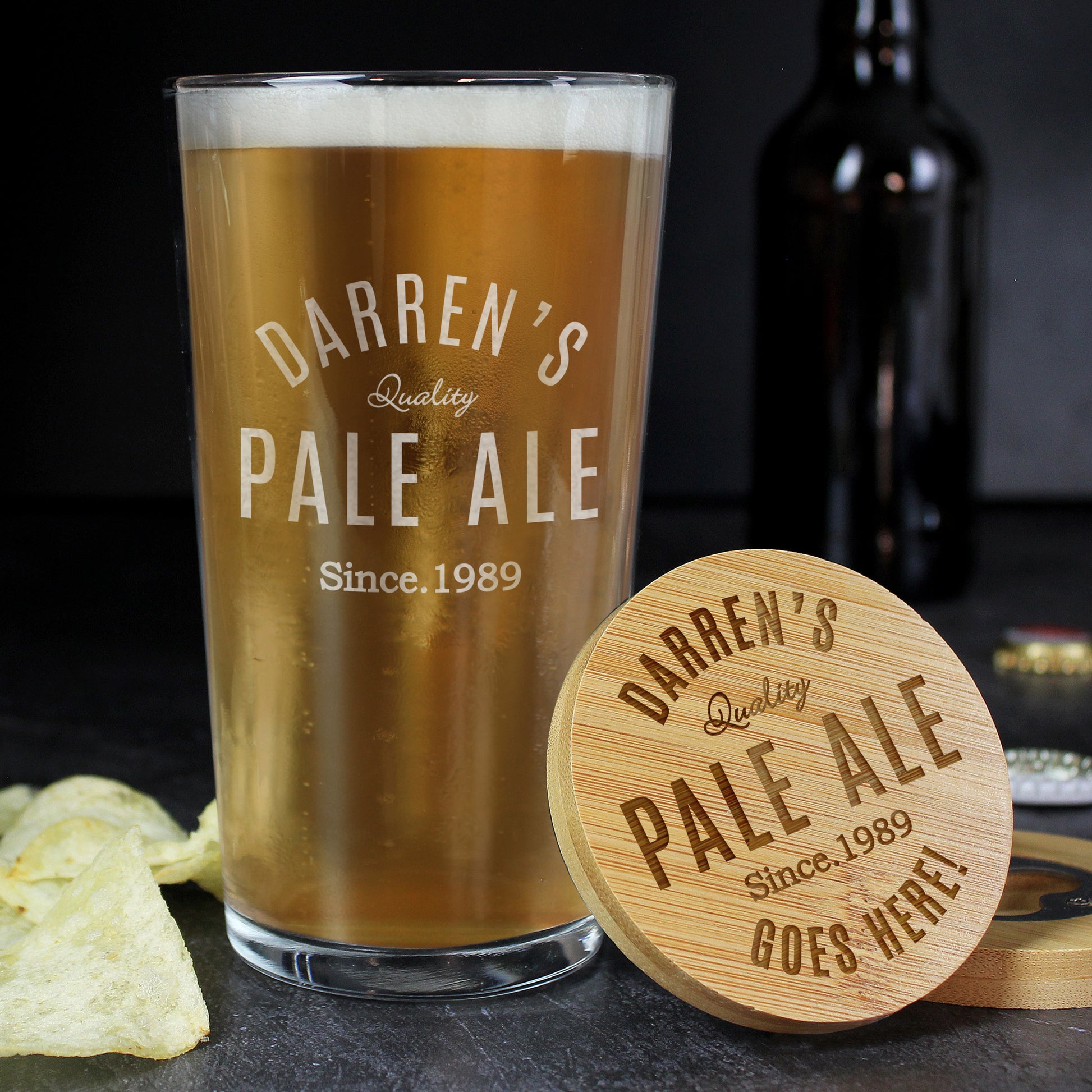 Personalised Free Text Bamboo Bottle Opener Coaster and Pint Glass - MK&JD Gifts