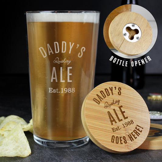 Personalised Free Text Bamboo Bottle Opener Coaster and Pint Glass - MK&JD Gifts