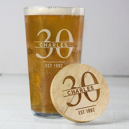 Personalised Big Age Bamboo Bottle Opener Coaster and Pint Glass Set - MK&JD Gifts