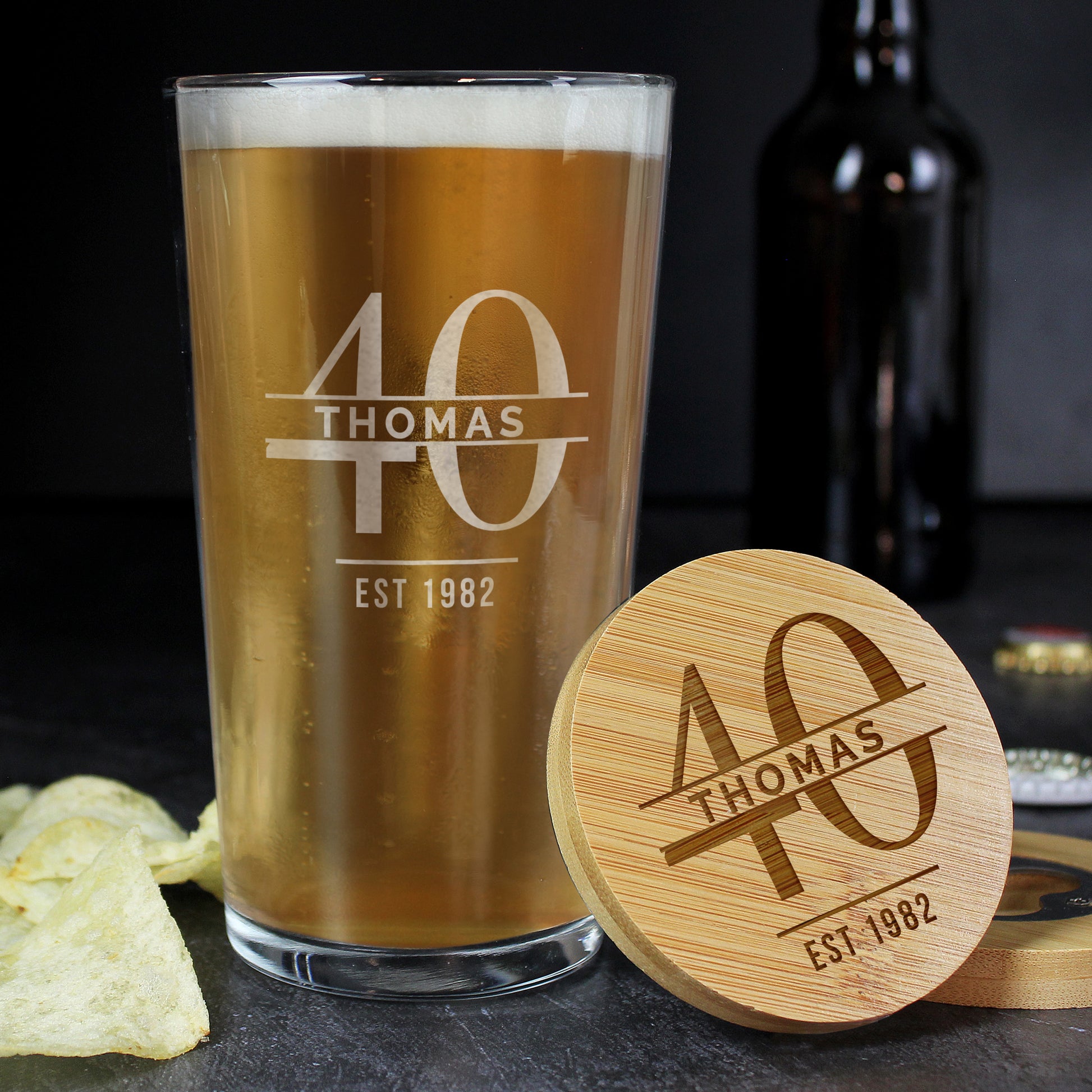 Personalised Big Age Bamboo Bottle Opener Coaster and Pint Glass Set - MK&JD Gifts