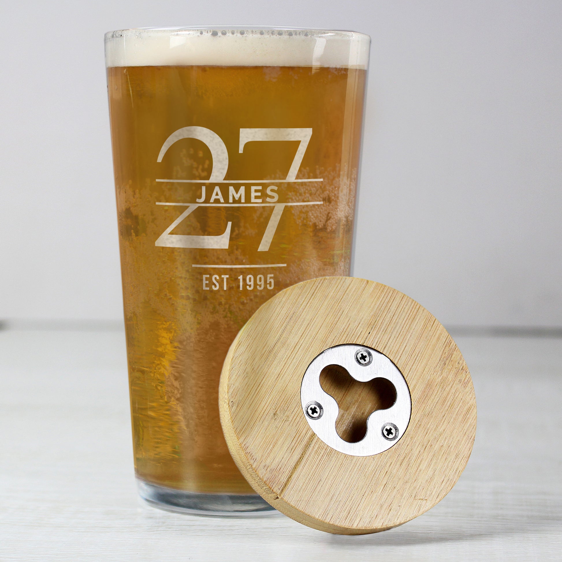 Personalised Big Age Bamboo Bottle Opener Coaster and Pint Glass Set - MK&JD Gifts