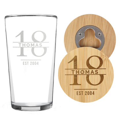 Personalised Big Age Bamboo Bottle Opener Coaster and Pint Glass Set - MK&JD Gifts