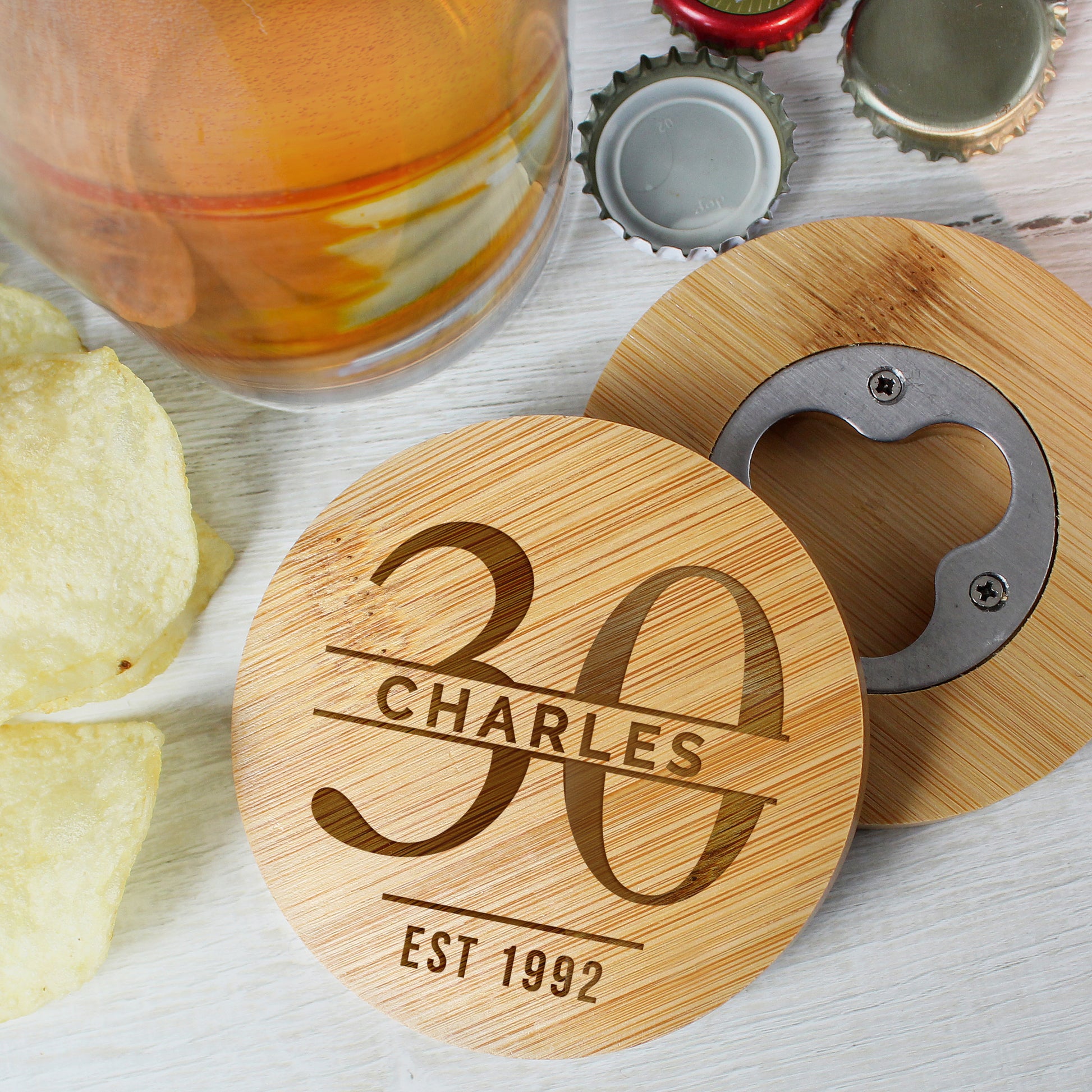 Personalised Big Age Bamboo Bottle Opener Coaster and Pint Glass Set - MK&JD Gifts