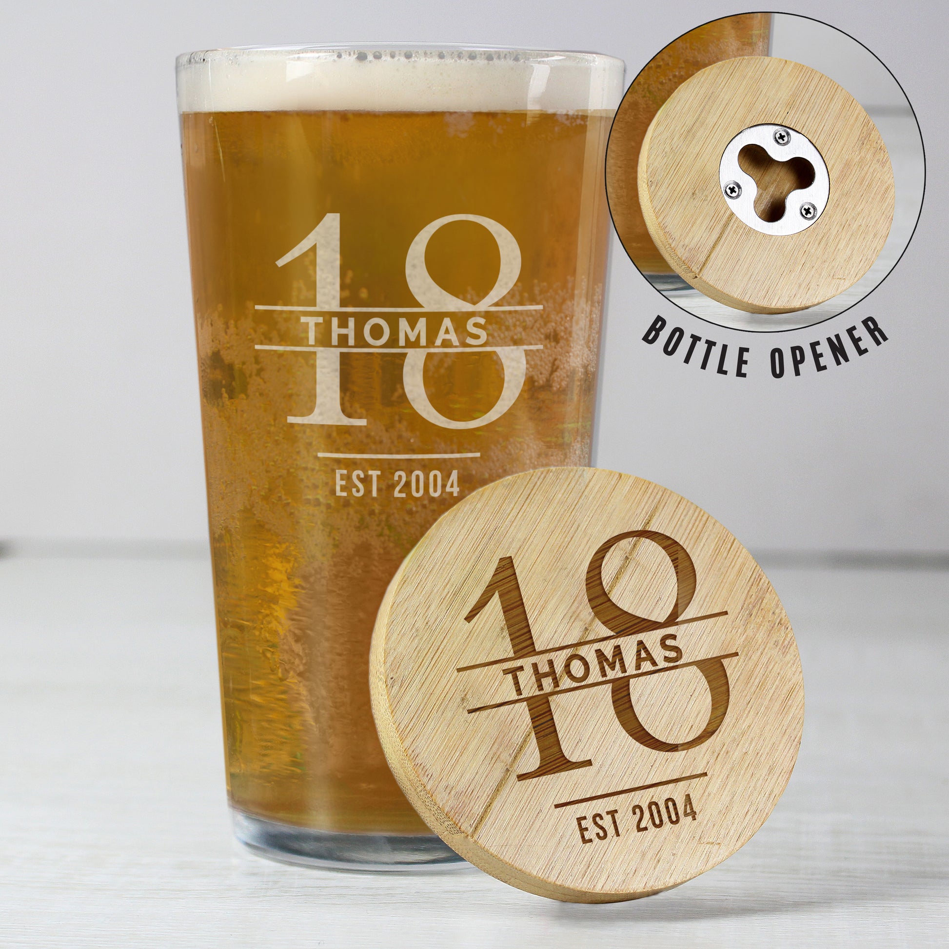 Personalised Big Age Bamboo Bottle Opener Coaster and Pint Glass Set - MK&JD Gifts