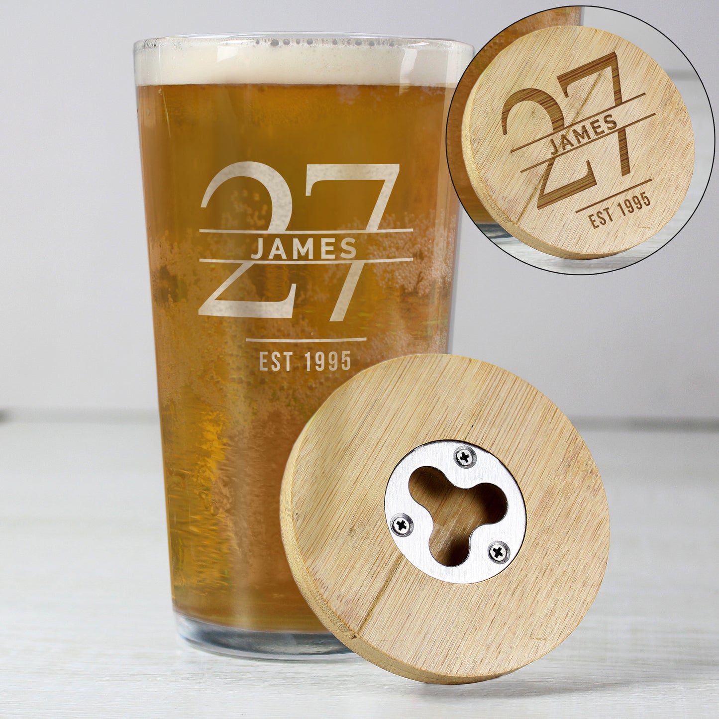 Personalised Big Age Bamboo Bottle Opener Coaster and Pint Glass Set - MK&JD Gifts