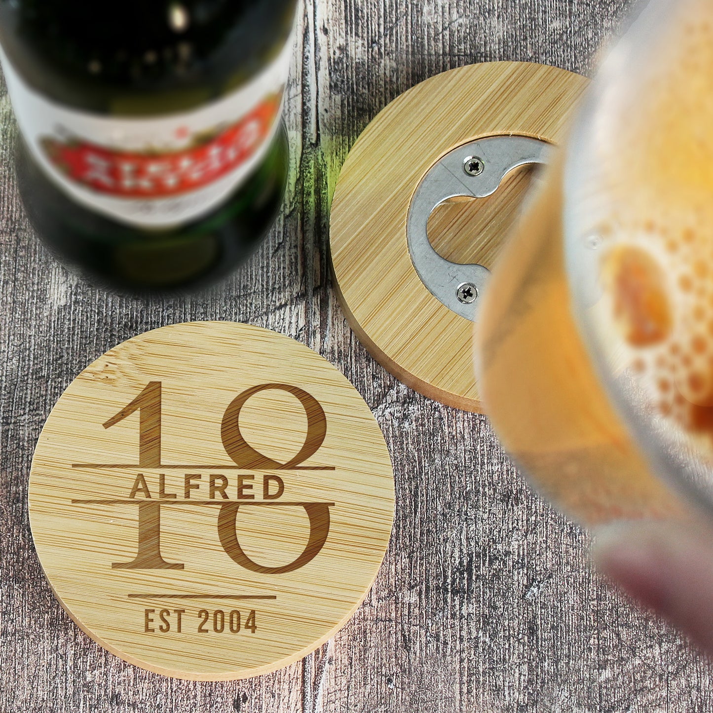 Personalised Big Age Bamboo Bottle Opener Coaster and Pint Glass Set - MK&JD Gifts