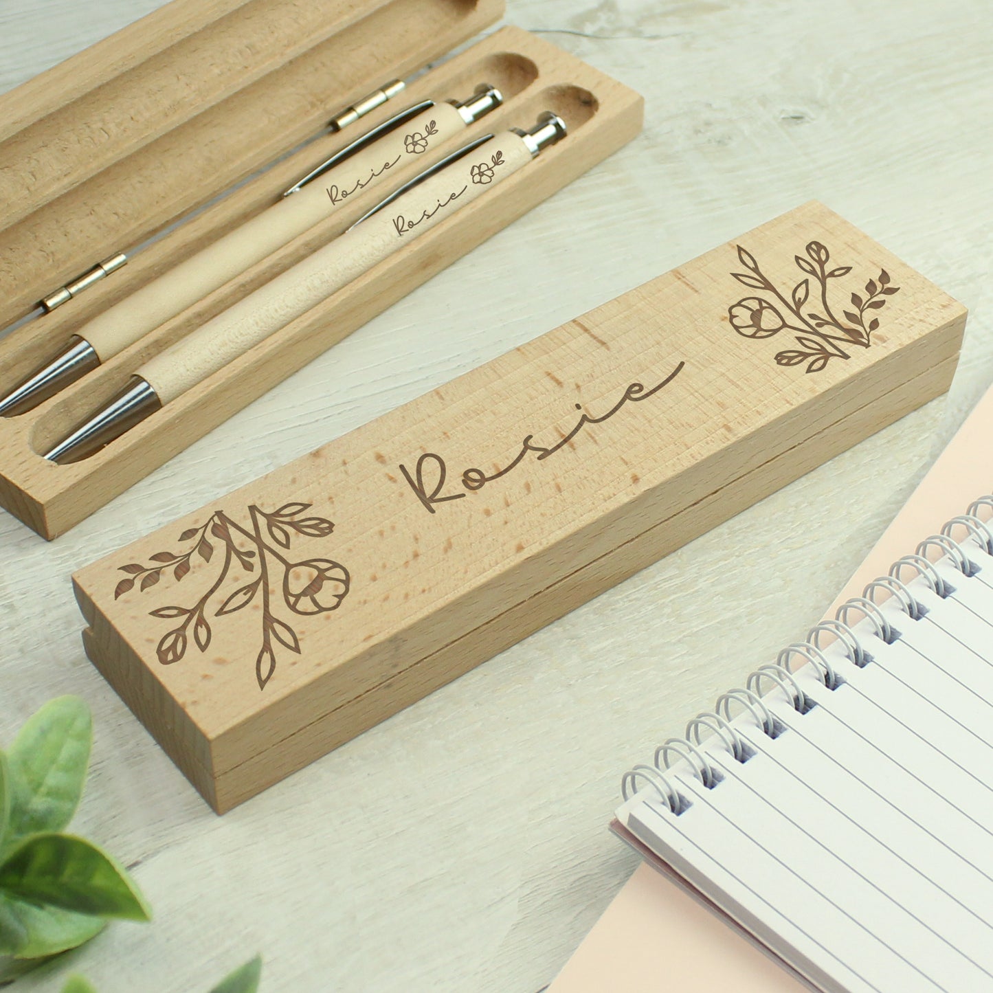 Personalised Floral Wooden Pen and Pencil Set - MK&JD Gifts