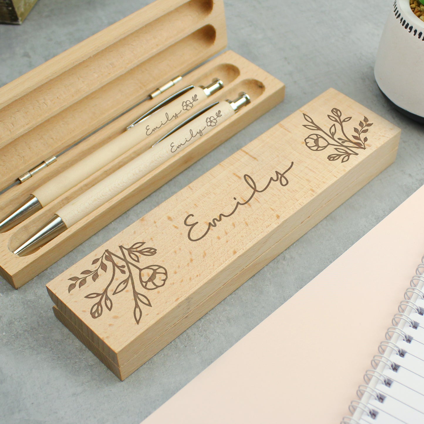 Personalised Floral Wooden Pen and Pencil Set - MK&JD Gifts