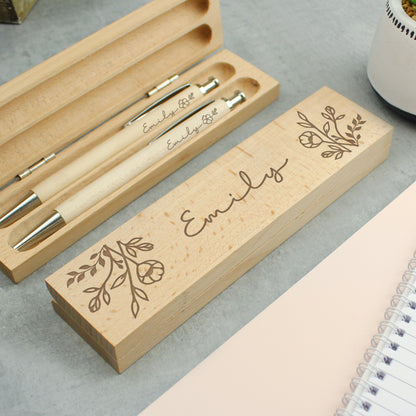 Personalised Floral Wooden Pen and Pencil Set - MK&JD Gifts