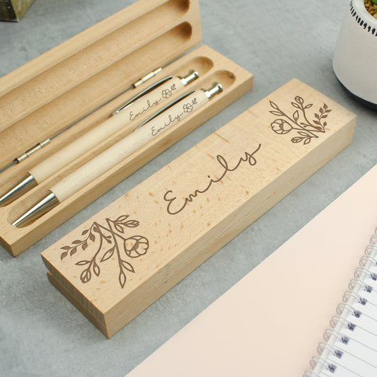 Personalised Floral Wooden Pen and Pencil Set - MK&JD Gifts