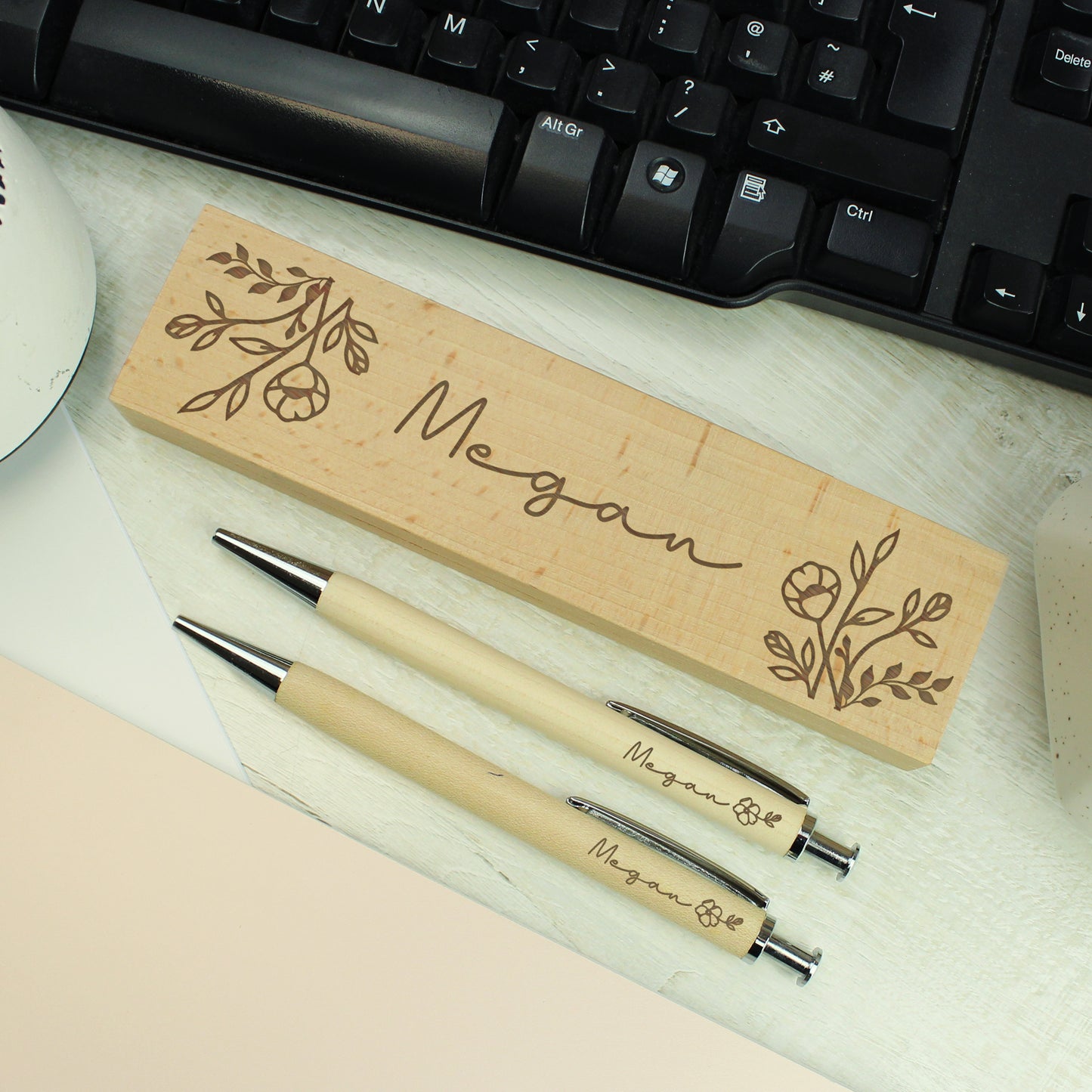 Personalised Floral Wooden Pen and Pencil Set - MK&JD Gifts