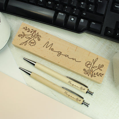 Personalised Floral Wooden Pen and Pencil Set - MK&JD Gifts
