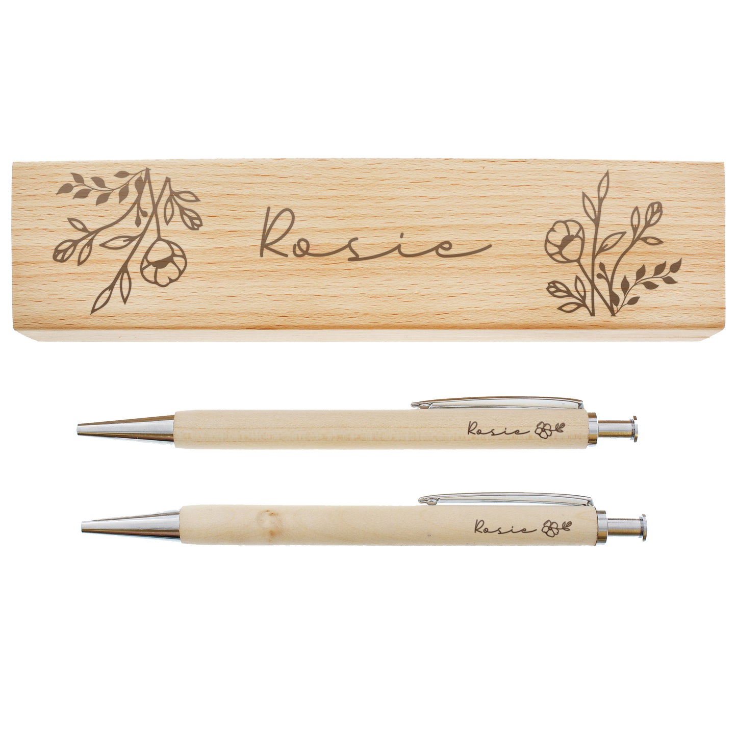 Personalised Floral Wooden Pen and Pencil Set - MK&JD Gifts