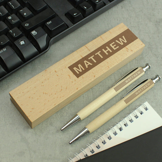 Personalised Name Only Wooden Pen and Pencil Set - MK&JD Gifts