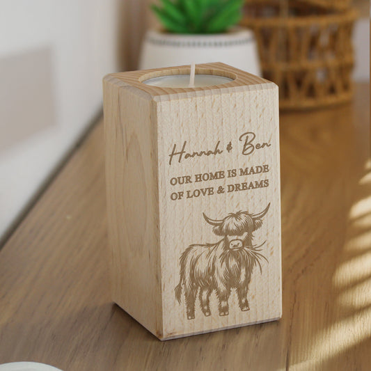 Personalised Highland Cow Wooden Tealight Holder - MK&JD Gifts