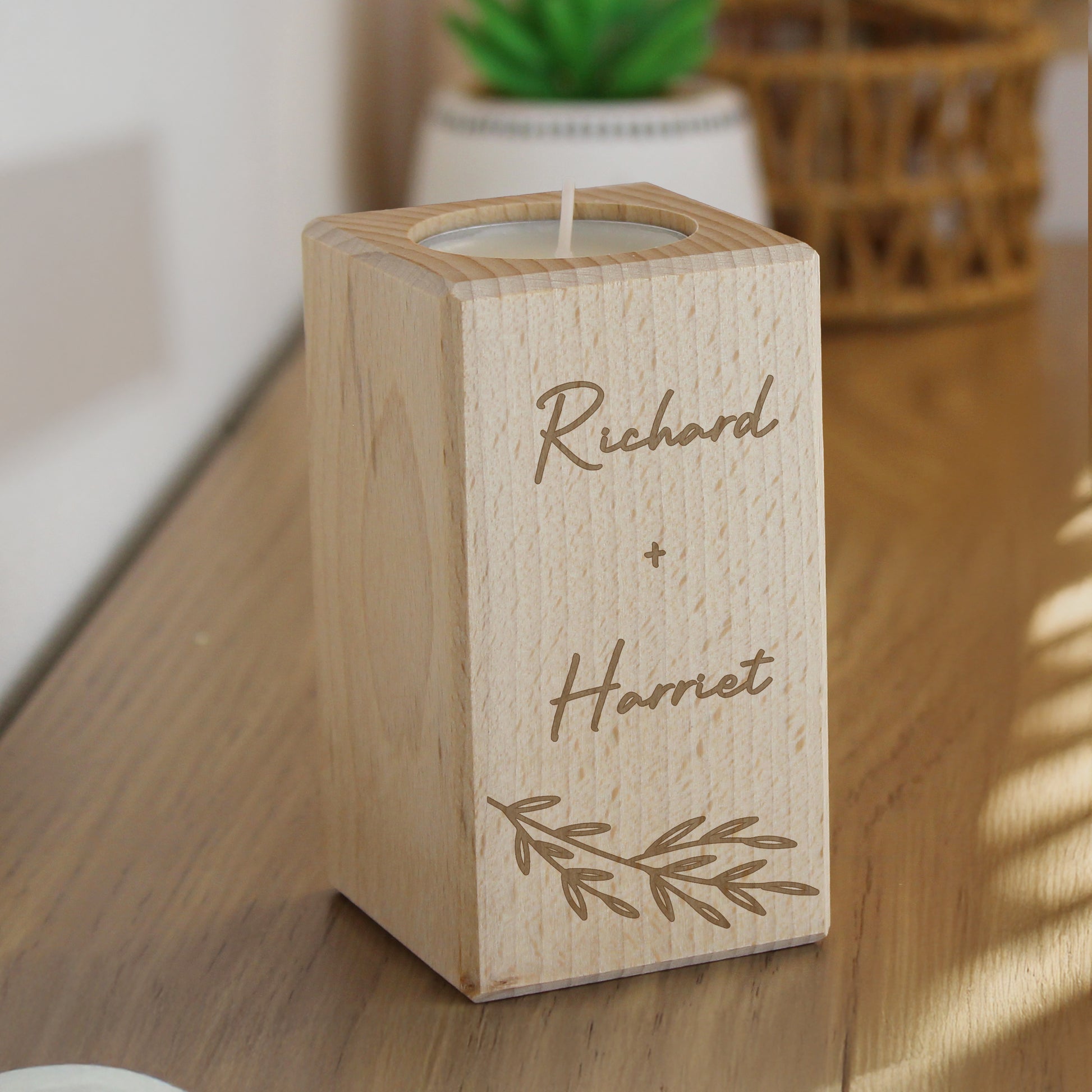 Personalised Botanical Wooden Tealight Holder - MK&JD Gifts