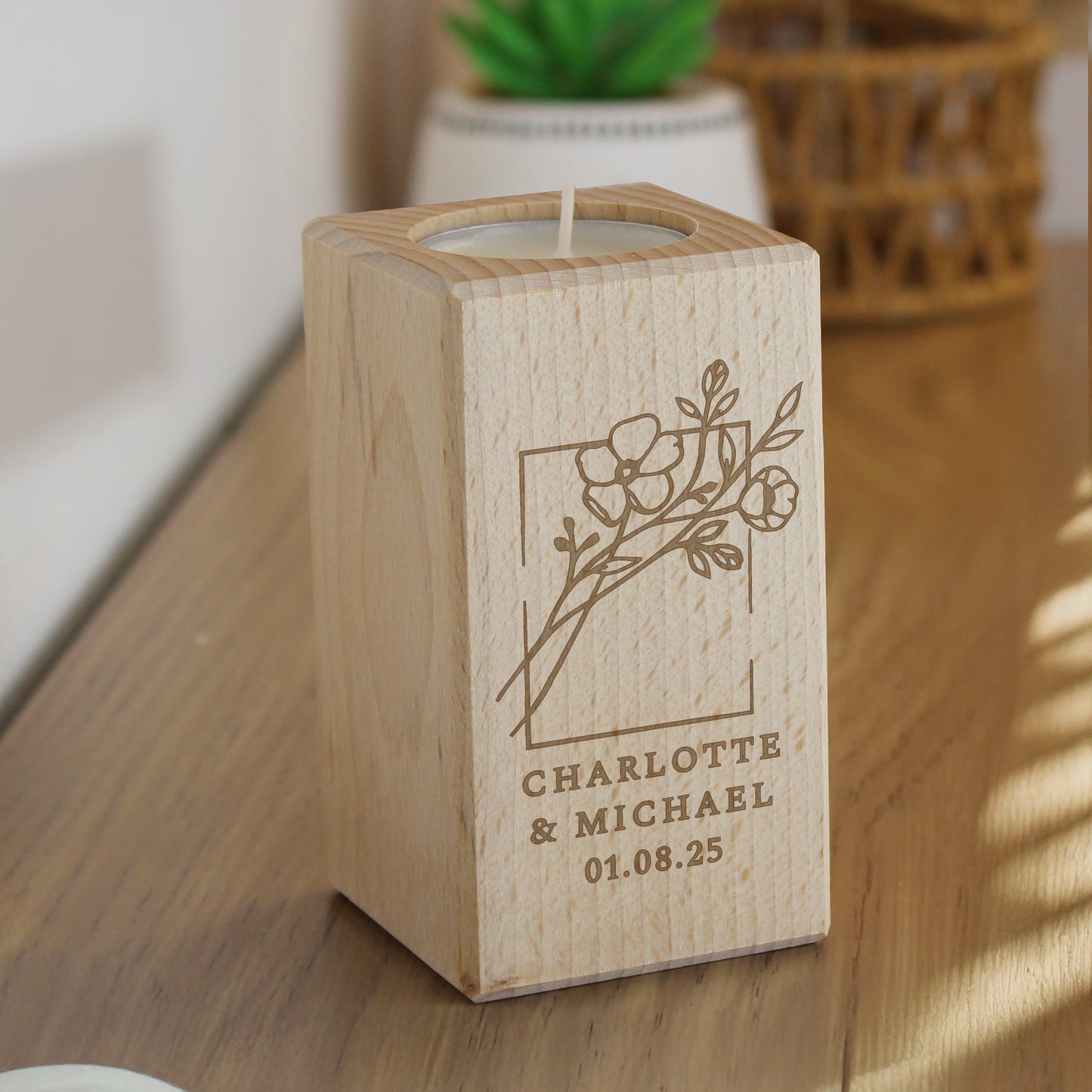 Personalised Floral Bouquet Wooden Tealight Holder - MK&JD Gifts