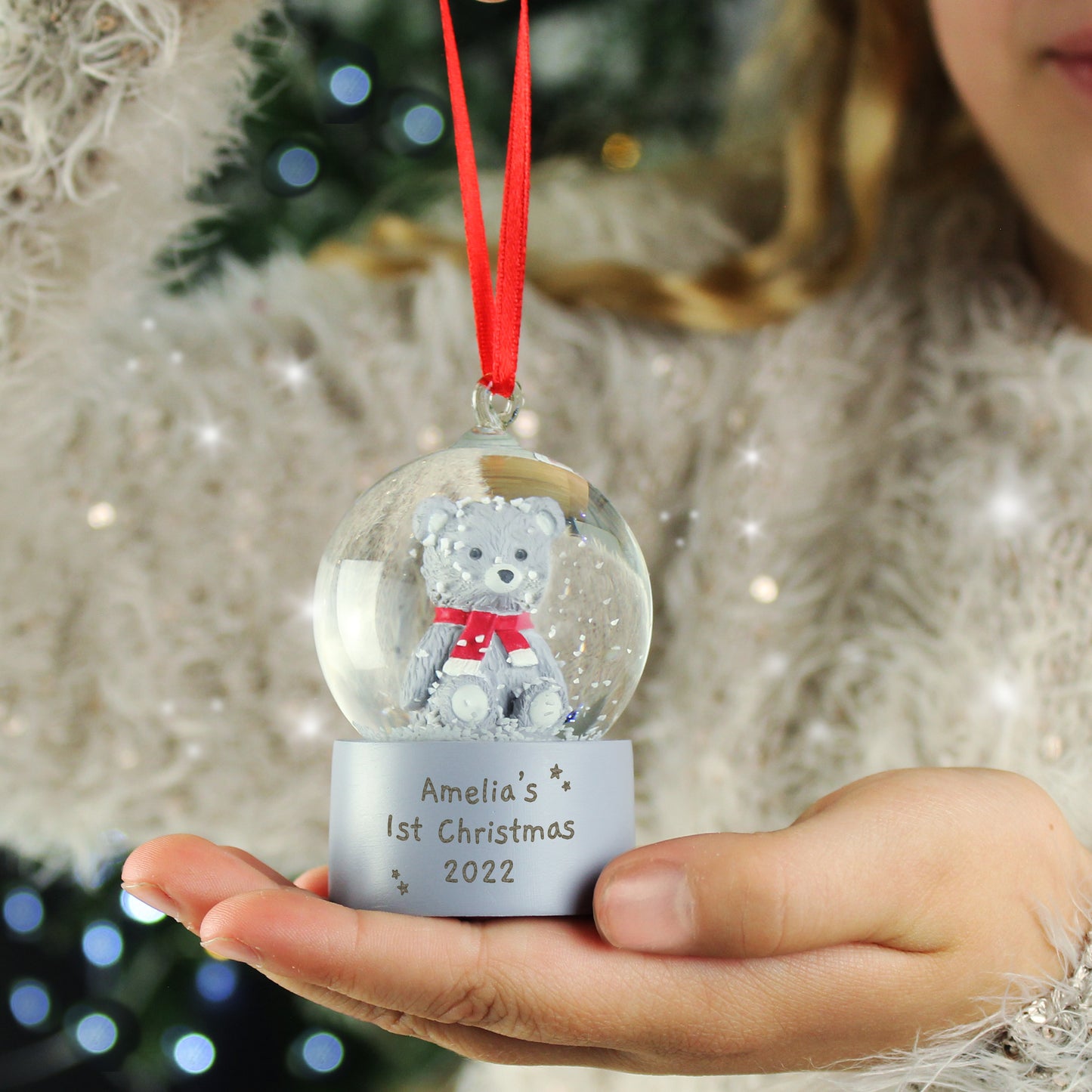 Personalised Message Teddy Bear Glitter Snow Globe Tree Decoration - MK&JD Gifts