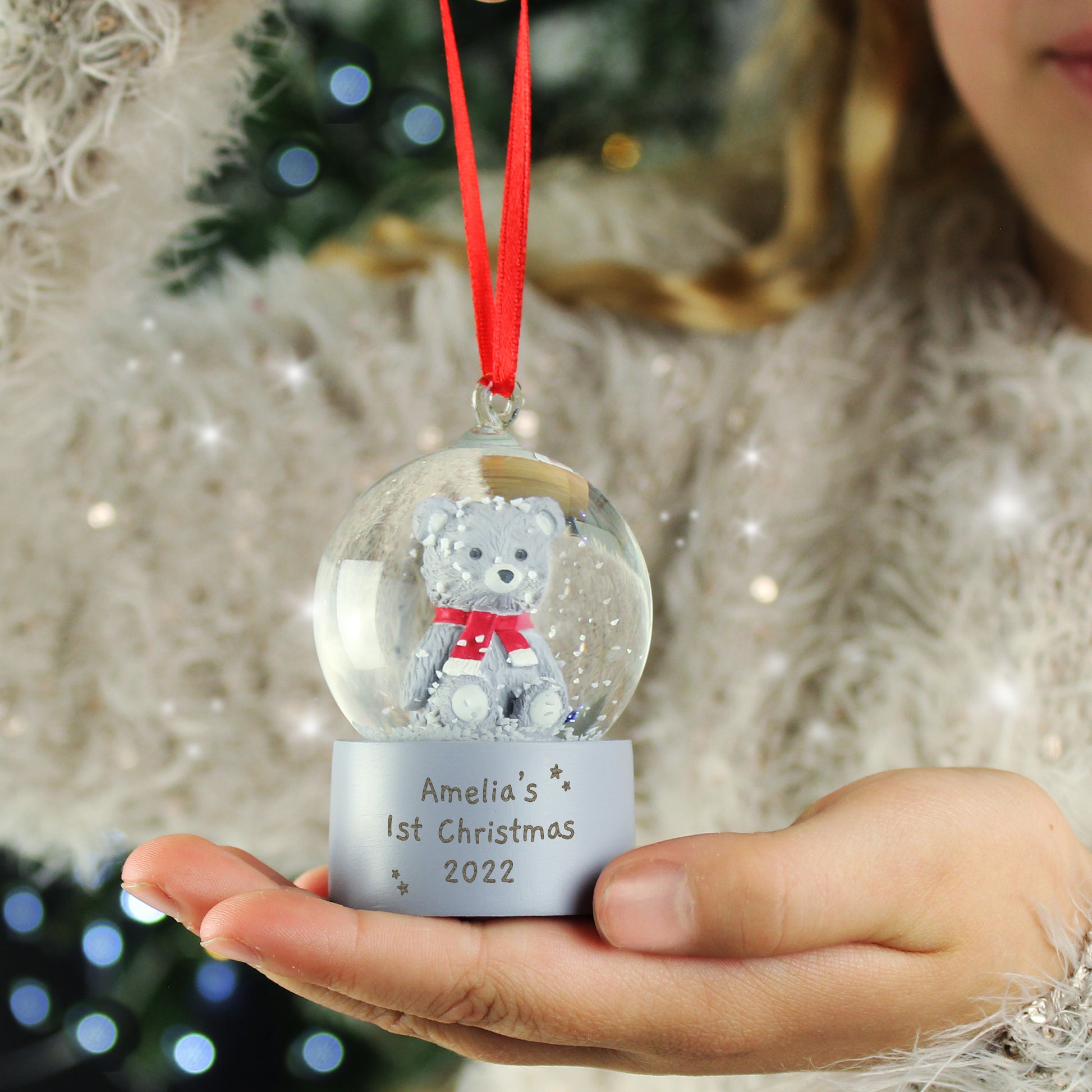 Personalised Message Teddy Bear Glitter Snow Globe Tree Decoration - MK&JD Gifts