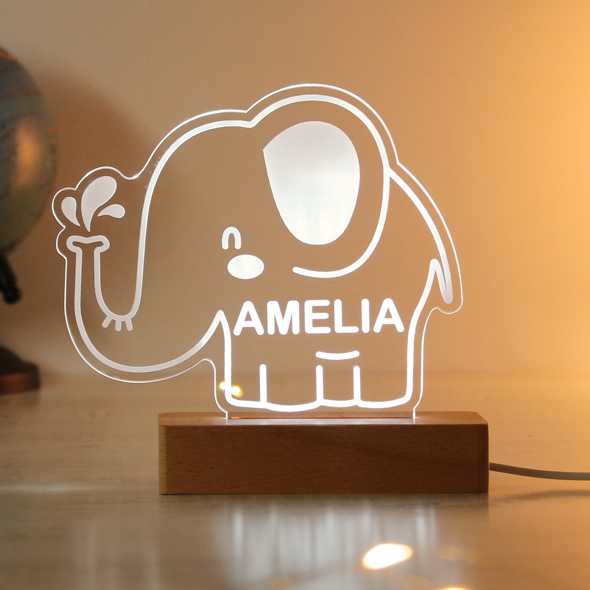 Personalised Elephant Wooden Based LED Light - MK&JD Gifts