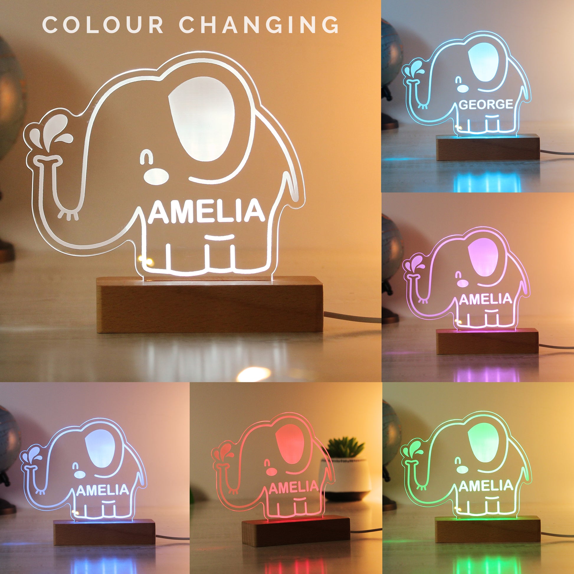 Personalised Elephant Wooden Based LED Light - MK&JD Gifts
