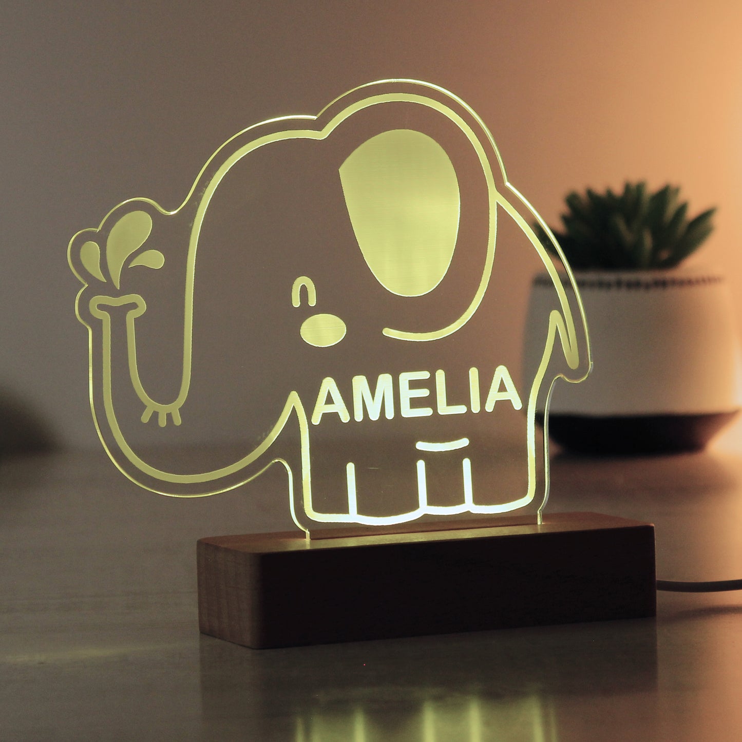 Personalised Elephant Wooden Based LED Light - MK&JD Gifts