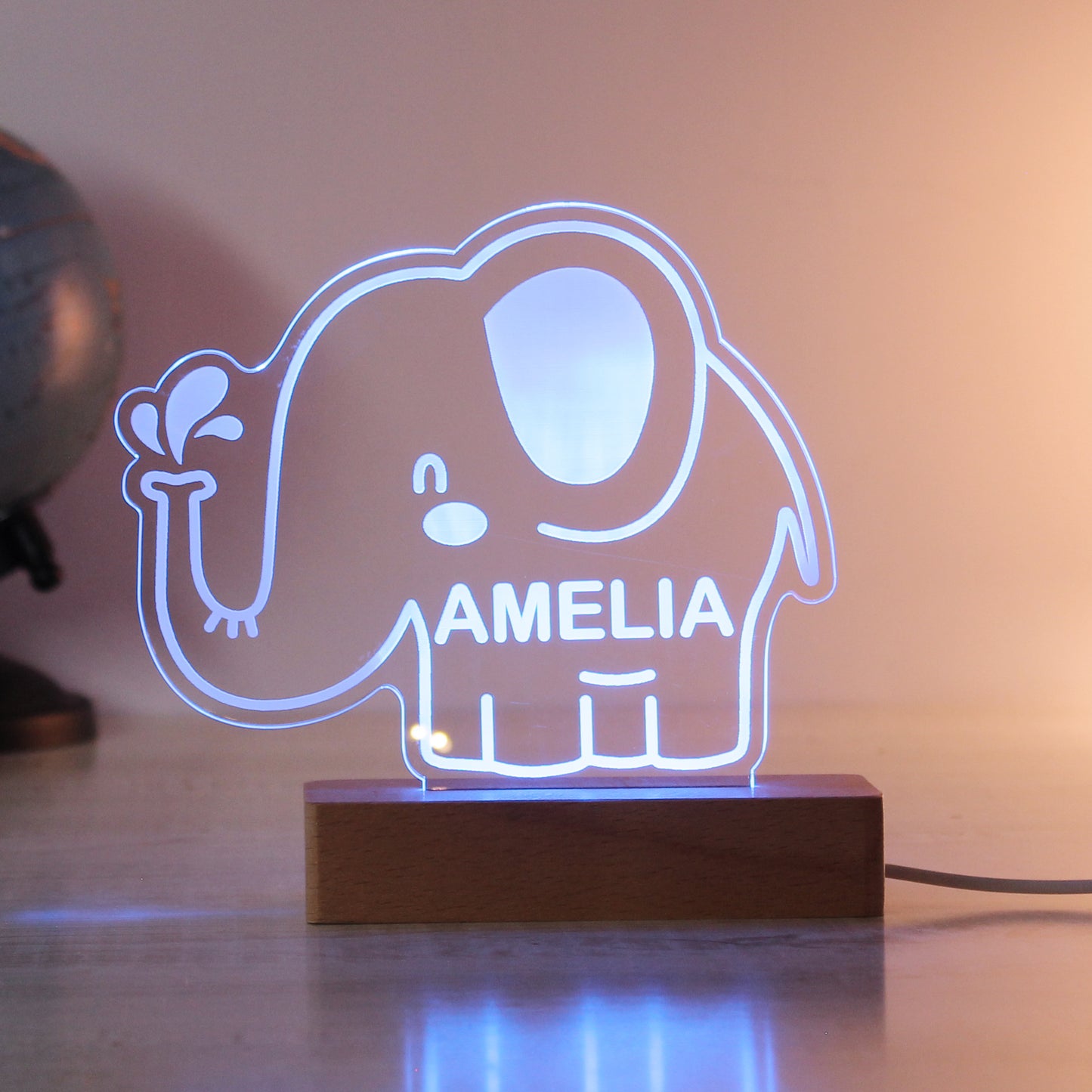 Personalised Elephant Wooden Based LED Light - MK&JD Gifts
