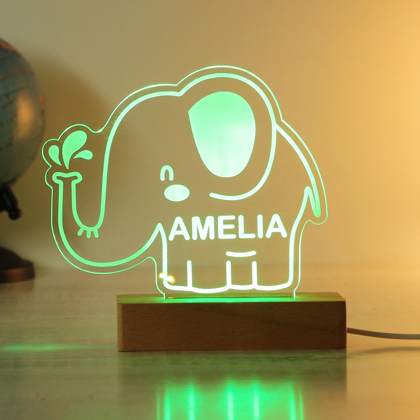 Personalised Elephant Wooden Based LED Light - MK&JD Gifts