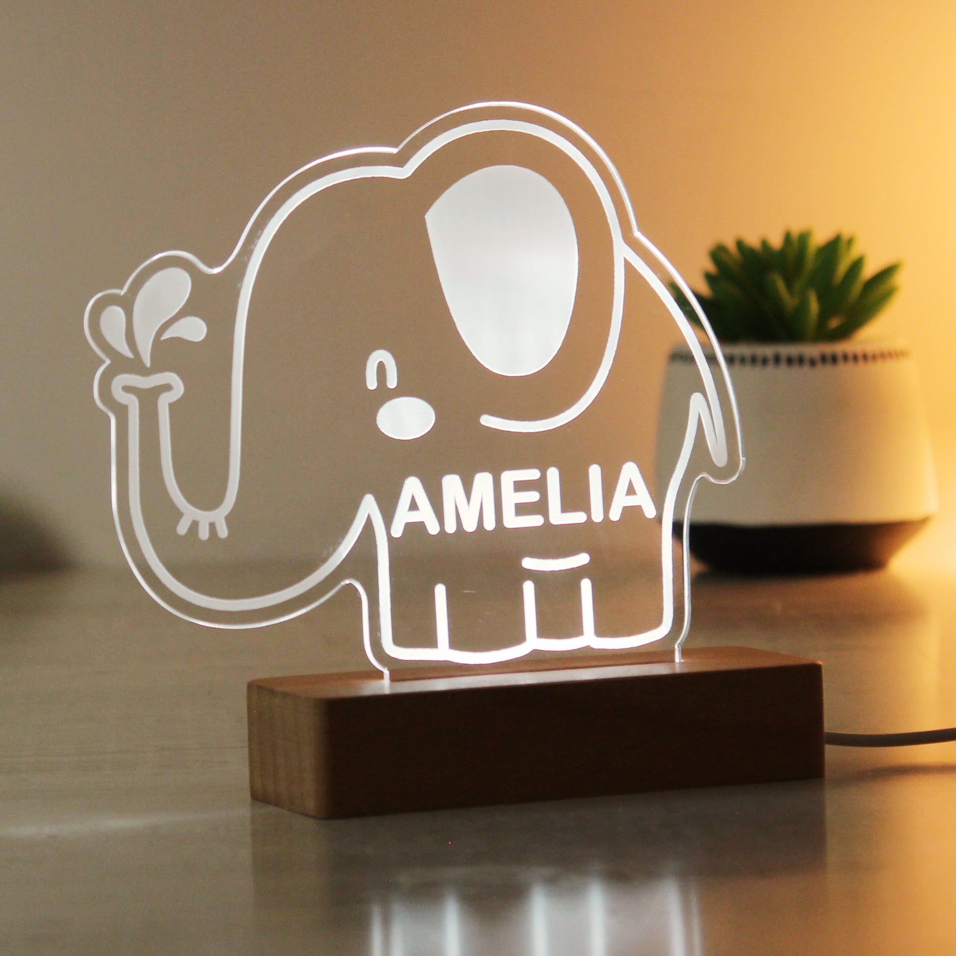 Personalised Elephant Wooden Based LED Light - MK&JD Gifts