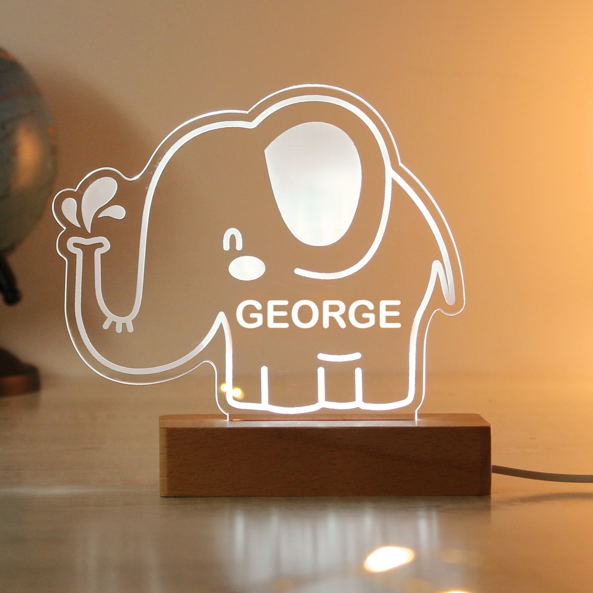 Personalised Elephant Wooden Based LED Light - MK&JD Gifts