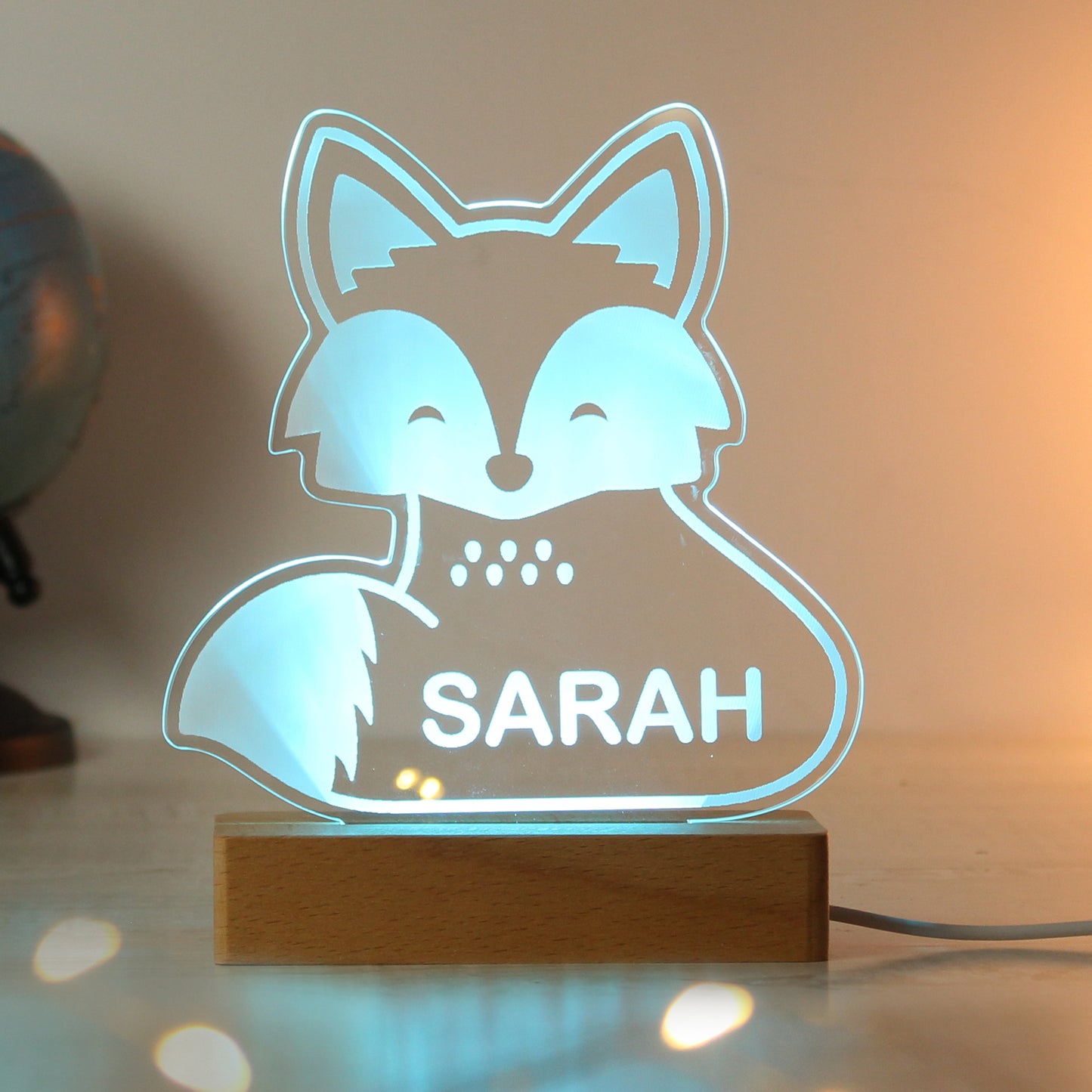 Personalised Fox Wooden Based LED Light - MK&JD Gifts