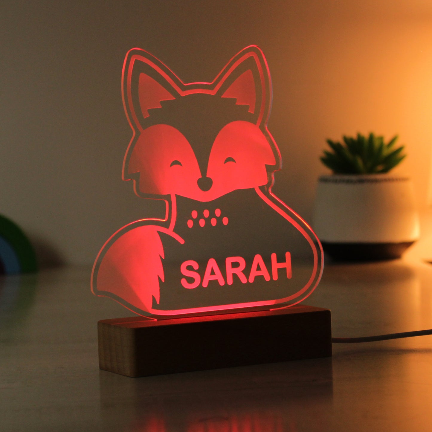 Personalised Fox Wooden Based LED Light - MK&JD Gifts