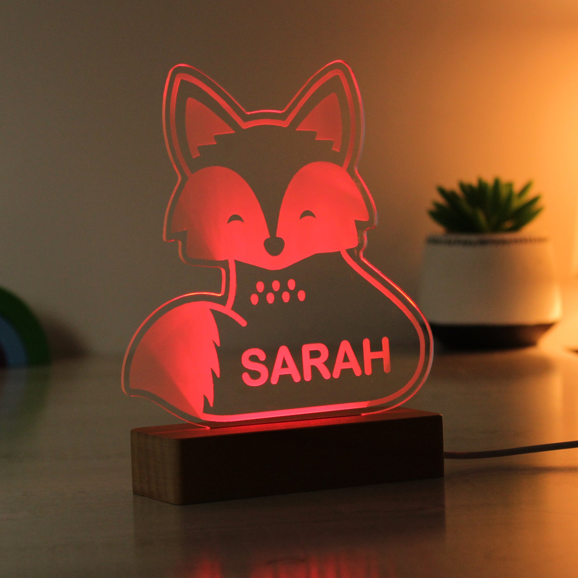 Personalised Fox Wooden Based LED Light - MK&JD Gifts