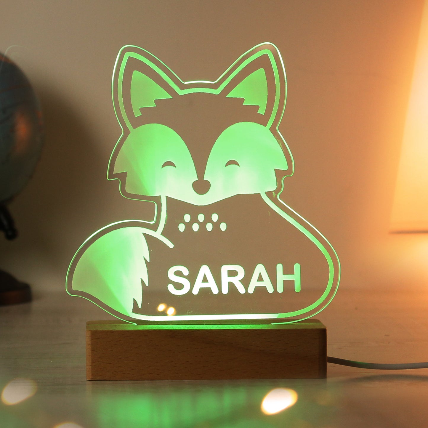 Personalised Fox Wooden Based LED Light - MK&JD Gifts