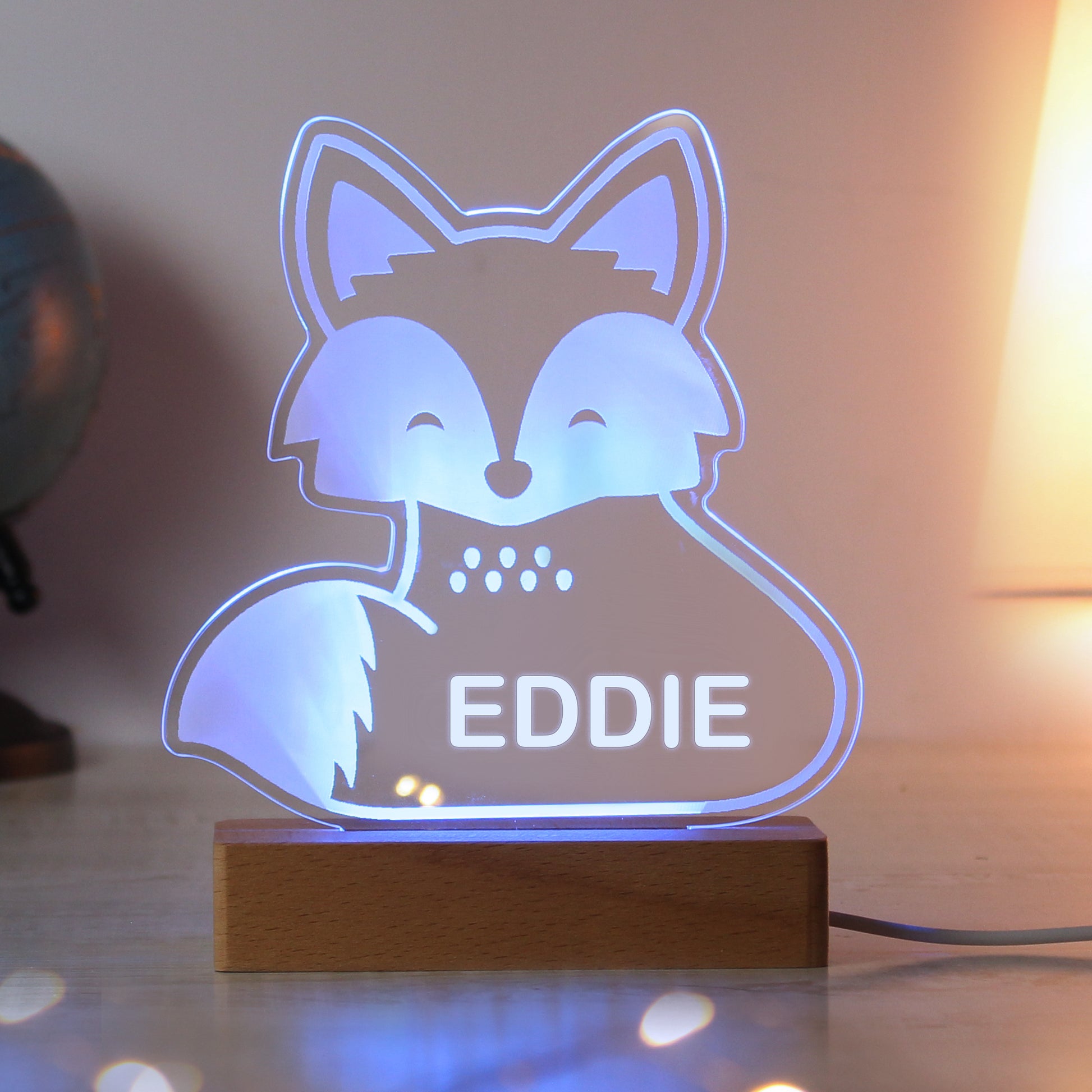 Personalised Fox Wooden Based LED Light - MK&JD Gifts