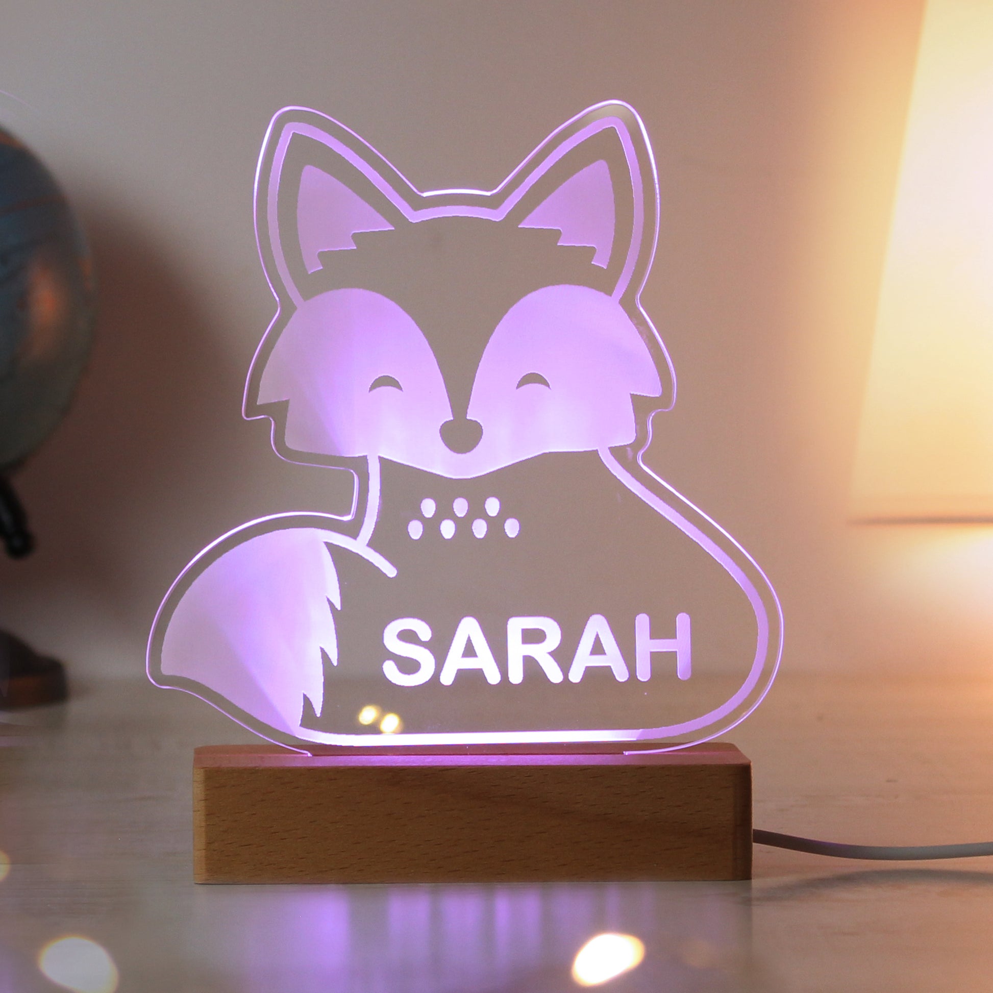 Personalised Fox Wooden Based LED Light - MK&JD Gifts